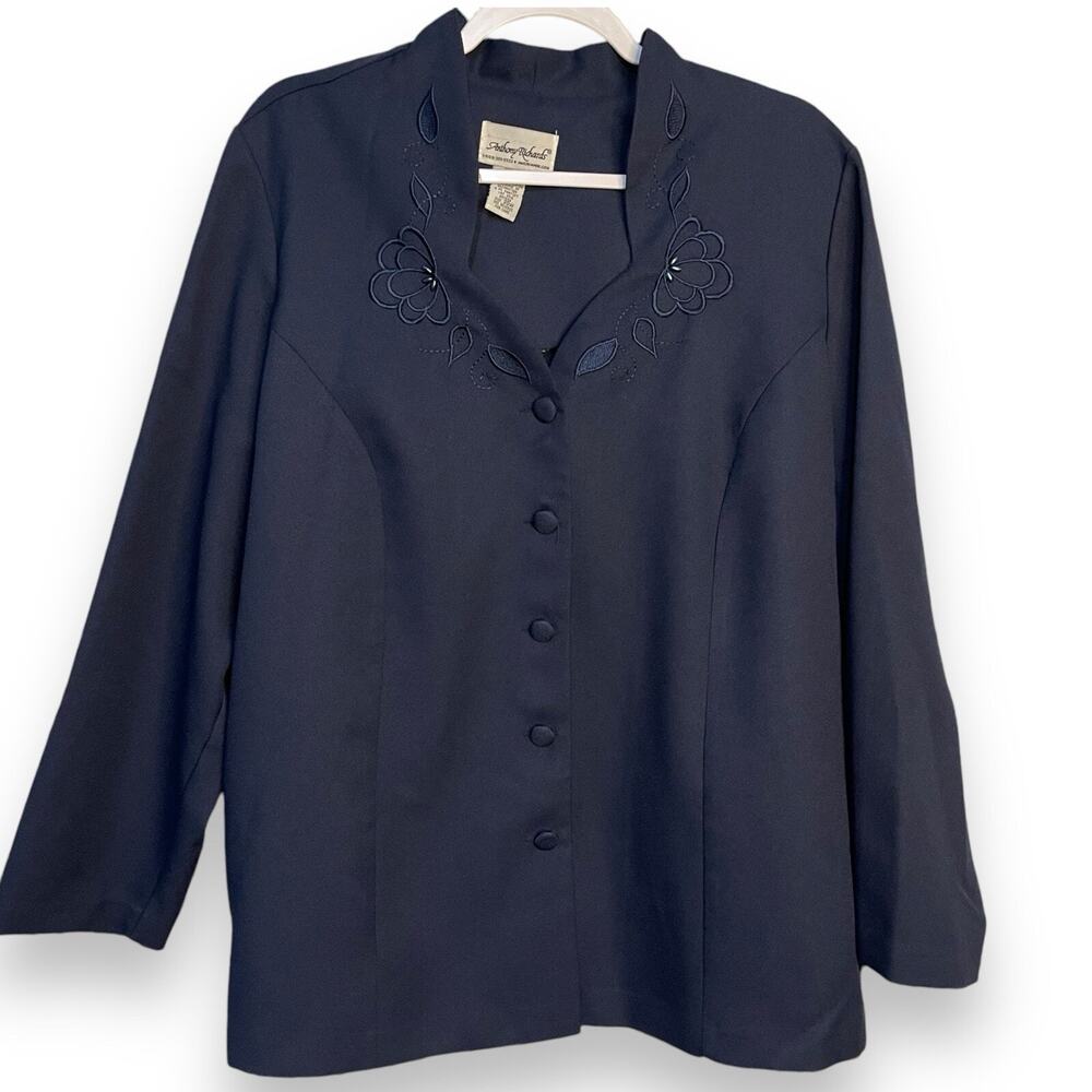 Anthony Richards Blazer Jacket Women's 20W Blue Embroidered Beaded VTG Button